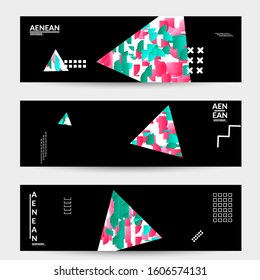 Abstract vector templates with geometric shapes filled with bright colored stripes. Digital hi tech visualization as global information design for marketing technology. Bid data industrial analyses.