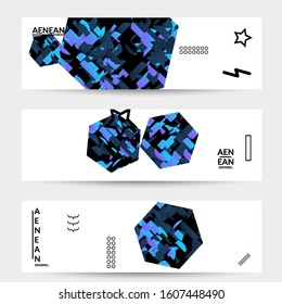 Abstract vector templates with geometric shapes filled with bright colored stripes. Digital hi tech visualization as global information design for marketing technology. Bid data industrial analyses.