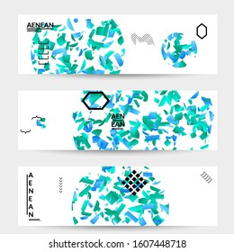Abstract vector templates with geometric shapes filled with bright colored stripes. Digital hi tech visualization as global information design for marketing technology. Bid data industrial analyses.