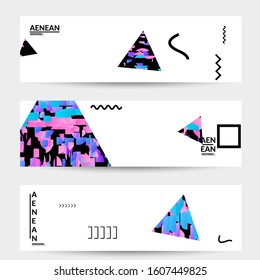 Abstract vector templates with geometric shapes filled with bright colored stripes. Digital hi tech visualization as global information design for marketing technology. Bid data industrial analyses.