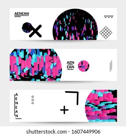 Abstract vector templates with geometric shapes filled with bright colored stripes. Digital hi tech visualization as global information design for marketing technology. Bid data industrial analyses.
