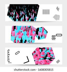 Abstract vector templates with geometric shapes filled with bright colored stripes. Digital hi tech visualization as global information design for marketing technology. Bid data industrial analyses.