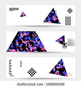 Abstract vector templates with geometric shapes filled with bright colored stripes. Digital hi tech visualization as global information design for marketing technology. Bid data industrial analyses.