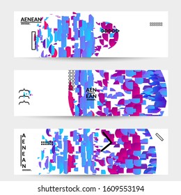 Abstract vector templates with geometric shapes filled with bright colored stripes. Digital hi tech visualization as global information design for marketing technology. Bid data industrial analyses.
