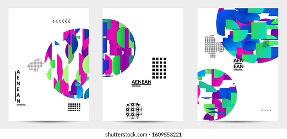 Abstract vector templates with geometric shapes filled with bright colored stripes. Digital hi tech visualization as global information design for marketing technology. Bid data industrial analyses.