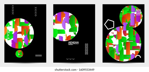 Abstract vector templates with geometric shapes filled with bright colored stripes. Digital hi tech visualization as global information design for marketing technology. Bid data industrial analyses.