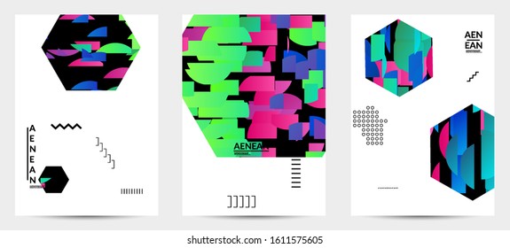 Abstract vector templates with geometric shapes filled with bright colored stripes. Digital hi tech visualization as global information design for marketing technology. Bid data industrial analyses.