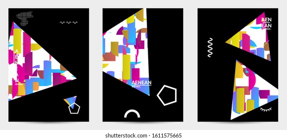 Abstract vector templates with geometric shapes filled with bright colored stripes. Digital hi tech visualization as global information design for marketing technology. Bid data industrial analyses.