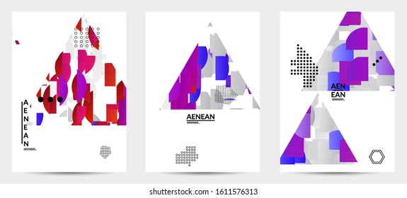 Abstract vector templates with geometric shapes filled with bright colored stripes. Digital hi tech visualization as global information design for marketing technology. Bid data industrial analyses.