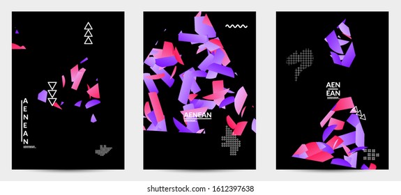 Abstract vector templates with geometric shapes filled with bright colored stripes. Digital hi tech visualization as global information design for marketing technology. Bid data industrial analyses.