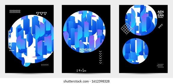 Abstract vector templates with geometric shapes filled with bright colored stripes. Digital hi tech visualization as global information design for marketing technology. Bid data industrial analyses.