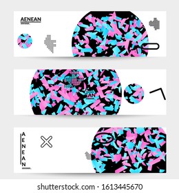 Abstract vector templates with geometric shapes filled with bright colored stripes. Digital hi tech visualization as global information design for marketing technology. Bid data industrial analyses.