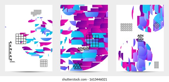 Abstract vector templates with geometric shapes filled with bright colored stripes. Digital hi tech visualization as global information design for marketing technology. Bid data industrial analyses.