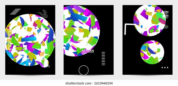 Abstract vector templates with geometric shapes filled with bright colored stripes. Digital hi tech visualization as global information design for marketing technology. Bid data industrial analyses.