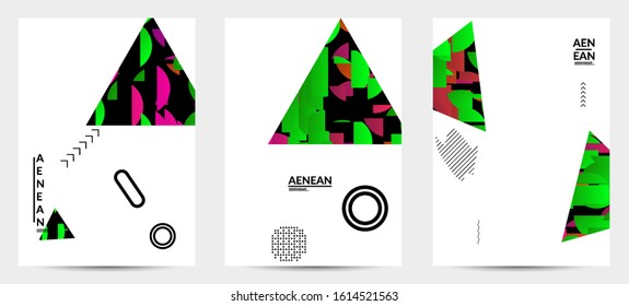 Abstract vector templates with geometric shapes filled with bright colored stripes. Digital hi tech visualization as global information design for marketing technology. Bid data industrial analyses.