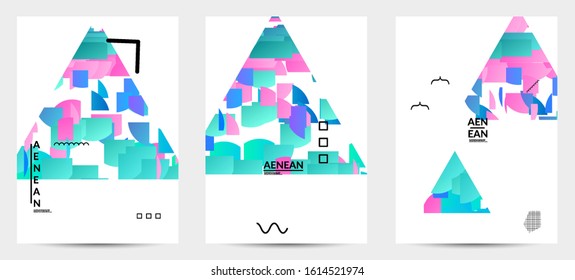 Abstract vector templates with geometric shapes filled with bright colored stripes. Digital hi tech visualization as global information design for marketing technology. Bid data industrial analyses.