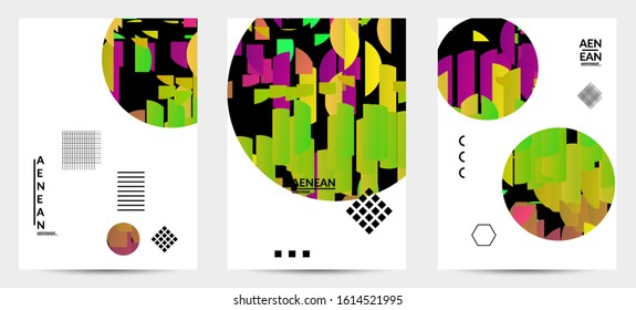 Abstract vector templates with geometric shapes filled with bright colored stripes. Digital hi tech visualization as global information design for marketing technology. Bid data industrial analyses.