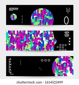 Abstract vector templates with geometric shapes filled with bright colored stripes. Digital hi tech visualization as global information design for marketing technology. Bid data industrial analyses.