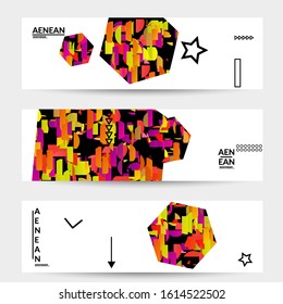 Abstract vector templates with geometric shapes filled with bright colored stripes. Digital hi tech visualization as global information design for marketing technology. Bid data industrial analyses.