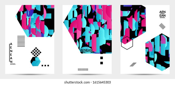 Abstract vector templates with geometric shapes filled with bright colored stripes. Digital hi tech visualization as global information design for marketing technology. Bid data industrial analyses.