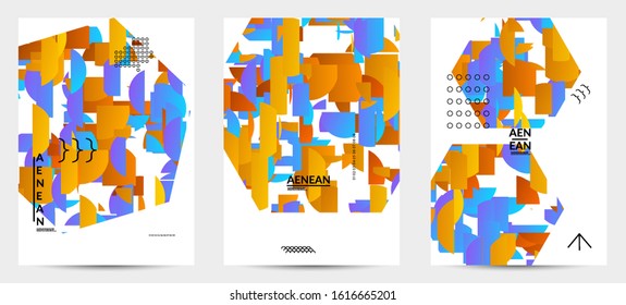 Abstract vector templates with geometric shapes filled with bright colored stripes. Digital hi tech visualization as global information design for marketing technology. Bid data industrial analyses.