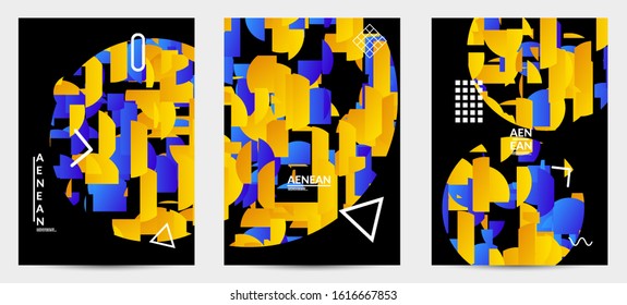 Abstract vector templates with geometric shapes filled with bright colored stripes. Digital hi tech visualization as global information design for marketing technology. Bid data industrial analyses.