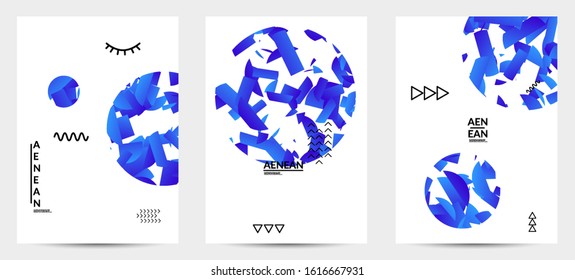 Abstract vector templates with geometric shapes filled with bright colored stripes. Digital hi tech visualization as global information design for marketing technology. Bid data industrial analyses.