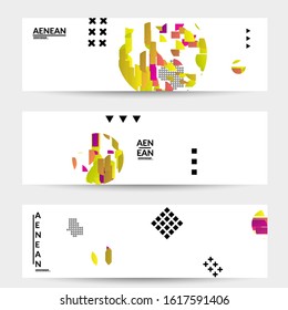 Abstract vector templates with geometric shapes filled with bright colored stripes. Digital hi tech visualization as global information design for marketing technology. Bid data industrial analyses.