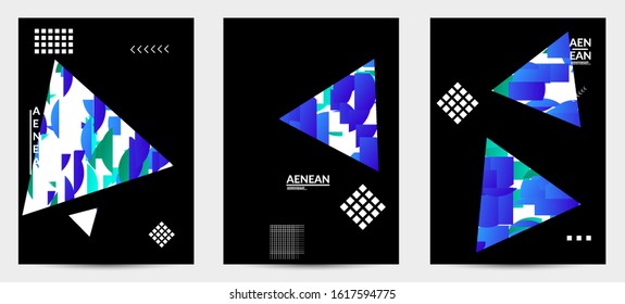 Abstract vector templates with geometric shapes filled with bright colored stripes. Digital hi tech visualization as global information design for marketing technology. Bid data industrial analyses.