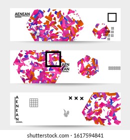 Abstract vector templates with geometric shapes filled with bright colored stripes. Digital hi tech visualization as global information design for marketing technology. Bid data industrial analyses.