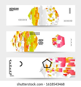 Abstract vector templates with geometric shapes filled with bright colored stripes. Digital hi tech visualization as global information design for marketing technology. Bid data industrial analyses.
