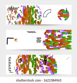 Abstract vector templates with geometric shapes filled with bright colored stripes. Digital hi tech visualization as global information design for marketing technology. Bid data industrial analyses.