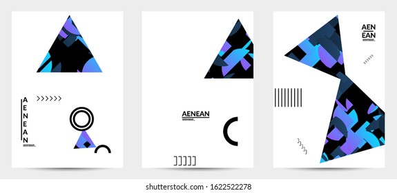 Abstract vector templates with geometric shapes filled with bright colored stripes. Digital hi tech visualization as global information design for marketing technology. Bid data industrial analyses.