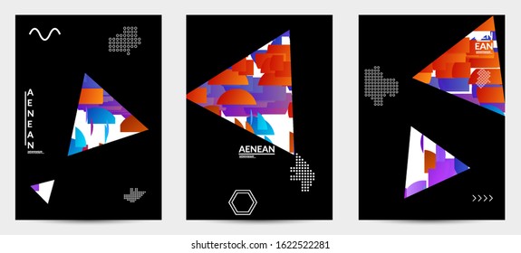 Abstract vector templates with geometric shapes filled with bright colored stripes. Digital hi tech visualization as global information design for marketing technology. Bid data industrial analyses.
