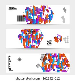 Abstract vector templates with geometric shapes filled with bright colored stripes. Digital hi tech visualization as global information design for marketing technology. Bid data industrial analyses.