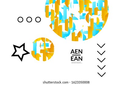 Abstract vector templates with geometric shapes filled with bright colored stripes. Digital hi tech visualization as global information design for marketing technology. Bid data industrial analyses.