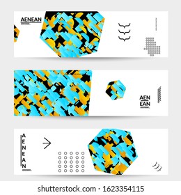 Abstract vector templates with geometric shapes filled with bright colored stripes. Digital hi tech visualization as global information design for marketing technology. Bid data industrial analyses.