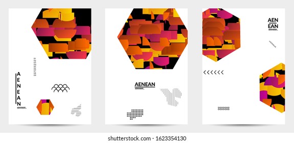 Abstract vector templates with geometric shapes filled with bright colored stripes. Digital hi tech visualization as global information design for marketing technology. Bid data industrial analyses.