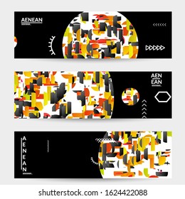 Abstract vector templates with geometric shapes filled with bright colored stripes. Digital hi tech visualization as global information design for marketing technology. Bid data industrial analyses.