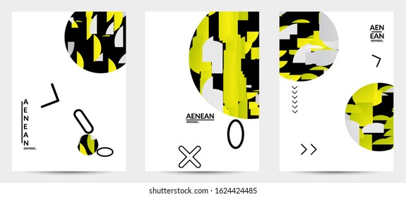 Abstract vector templates with geometric shapes filled with bright colored stripes. Digital hi tech visualization as global information design for marketing technology. Bid data industrial analyses.