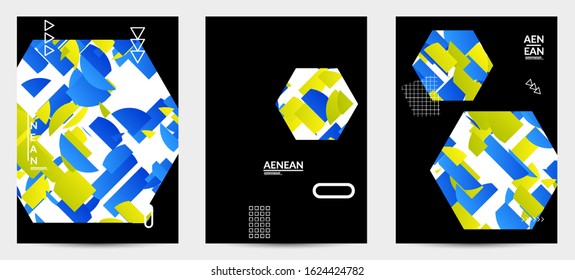 Abstract vector templates with geometric shapes filled with bright colored stripes. Digital hi tech visualization as global information design for marketing technology. Bid data industrial analyses.
