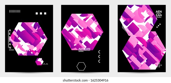 Abstract vector templates with geometric shapes filled with bright colored stripes. Digital hi tech visualization as global information design for marketing technology. Bid data industrial analyses.