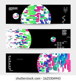 Abstract vector templates with geometric shapes filled with bright colored stripes. Digital hi tech visualization as global information design for marketing technology. Bid data industrial analyses.