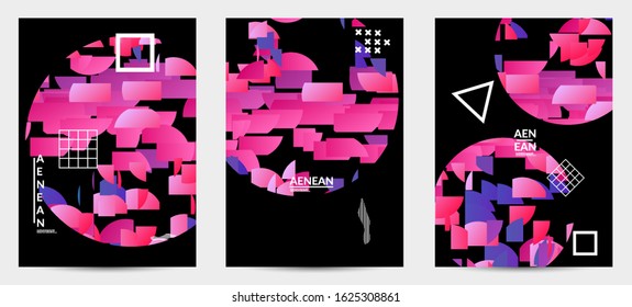 Abstract vector templates with geometric shapes filled with bright colored stripes. Digital hi tech visualization as global information design for marketing technology. Bid data industrial analyses.