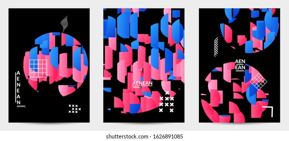 Abstract vector templates with geometric shapes filled with bright colored stripes. Digital hi tech visualization as global information design for marketing technology. Bid data industrial analyses.