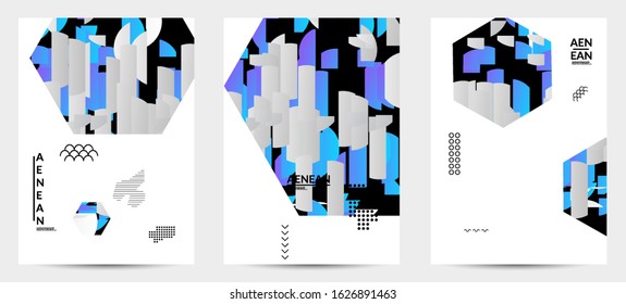 Abstract vector templates with geometric shapes filled with bright colored stripes. Digital hi tech visualization as global information design for marketing technology. Bid data industrial analyses.