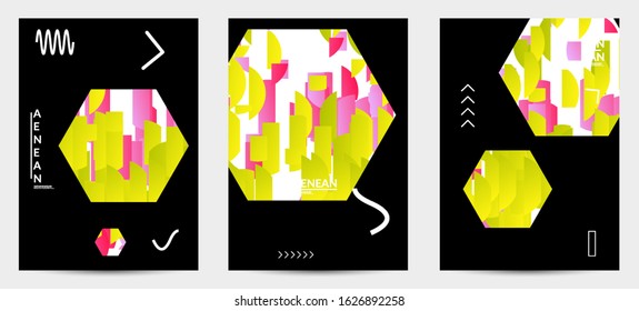 Abstract vector templates with geometric shapes filled with bright colored stripes. Digital hi tech visualization as global information design for marketing technology. Bid data industrial analyses.
