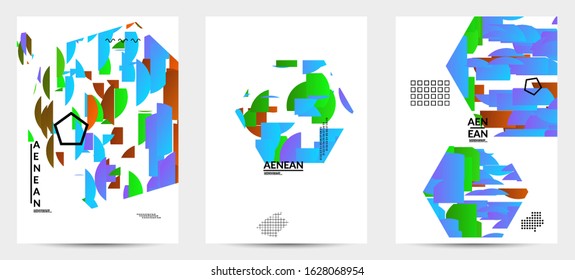 Abstract vector templates with geometric shapes filled with bright colored stripes. Digital hi tech visualization as global information design for marketing technology. Bid data industrial analyses.