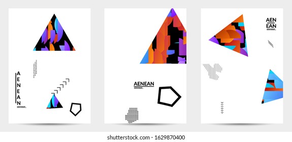 Abstract vector templates with geometric shapes filled with bright colored stripes. Digital hi tech visualization as global information design for marketing technology. Bid data industrial analyses.
