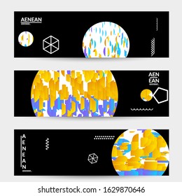 Abstract vector templates with geometric shapes filled with bright colored stripes. Digital hi tech visualization as global information design for marketing technology. Bid data industrial analyses.